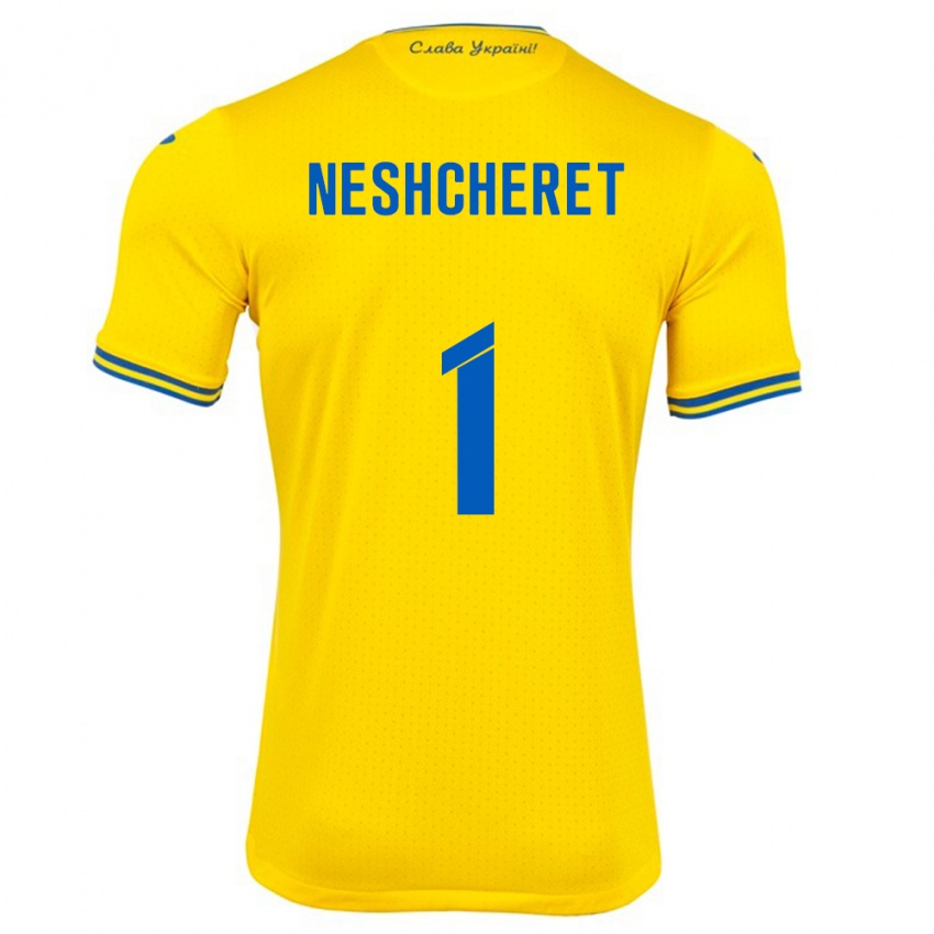 Miesten Ukraina Ruslan Neshcheret #1 Keltainen Kotipaita 24-26 Lyhythihainen Paita T-Paita