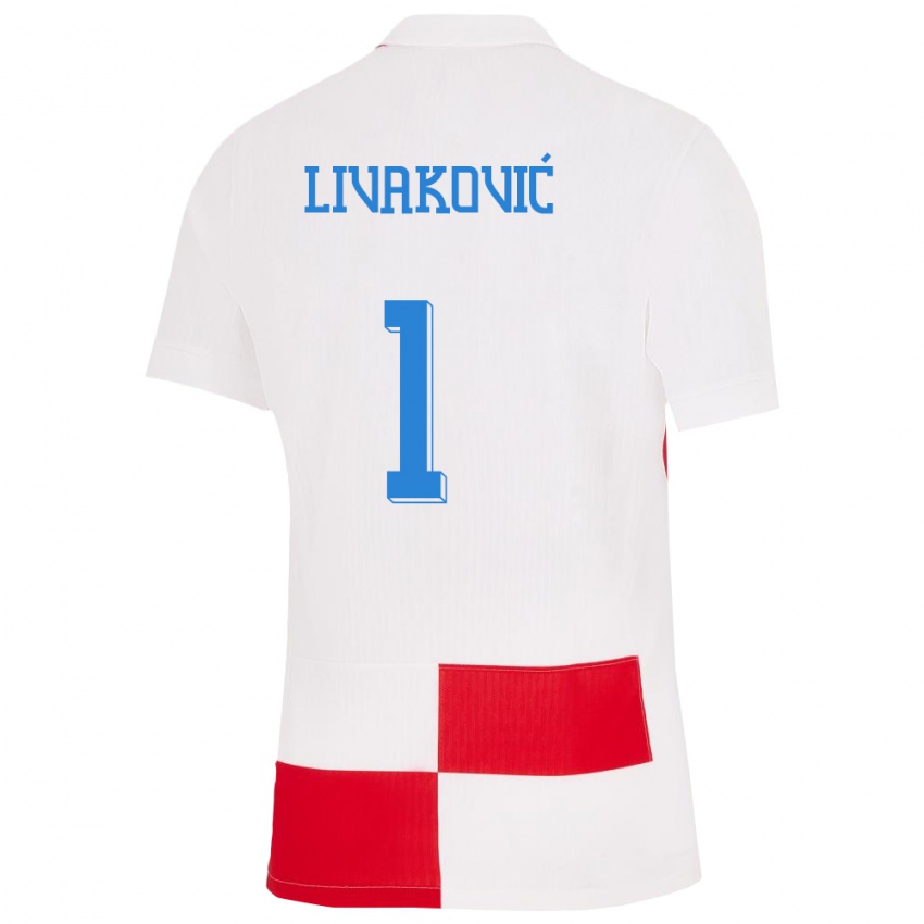 Naisten Kroatia Dominik Livakovic #1 Valkoinen Punainen Kotipaita 24-26 Lyhythihainen Paita T-Paita