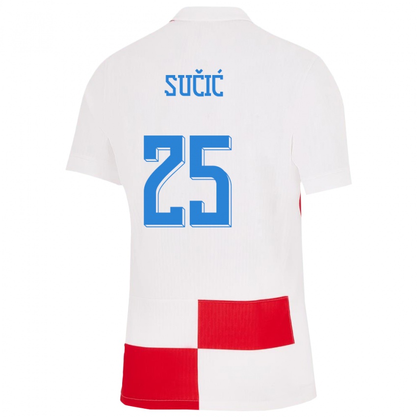 Naisten Kroatia Luka Sucic #25 Valkoinen Punainen Kotipaita 24-26 Lyhythihainen Paita T-Paita