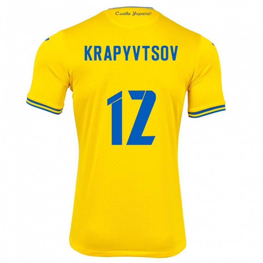 Naisten Ukraina Vladyslav Krapyvtsov #12 Keltainen Kotipaita 24-26 Lyhythihainen Paita T-Paita