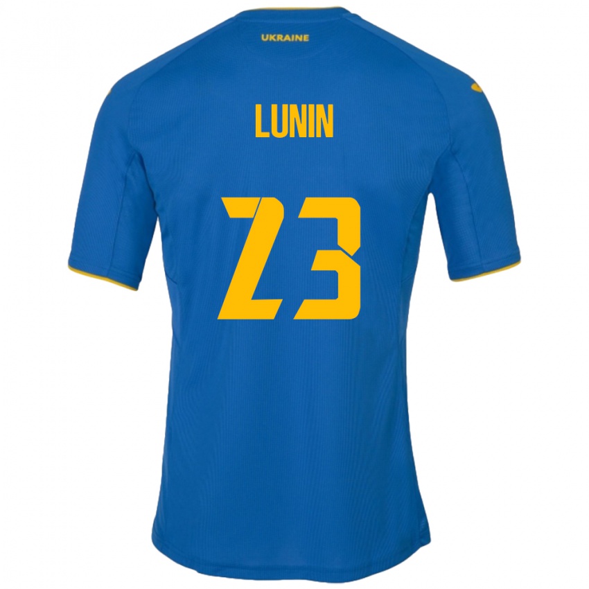 Naisten Ukraina Andriy Lunin #23 Sininen Vieraspaita 24-26 Lyhythihainen Paita T-Paita